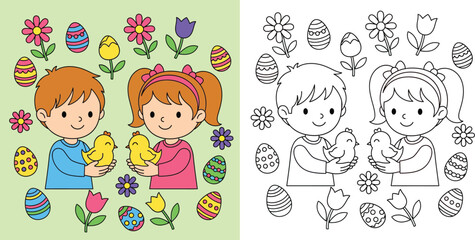 Cute children holding chicks for Easter coloring book page vector illustration. Boy and girl with decorated eggs and flowers, color and black and white outline.
