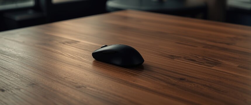 Computer mouse in black color on wooden surface with empty space for text