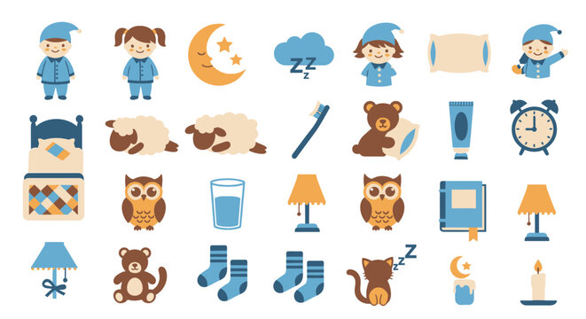 Collection of cartoon icons depicting sleep and bedtime routine in soothing blue tones.