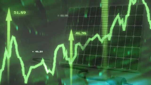Solar panel with green financial graph animation showing growth and sustainability
