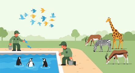 Fototapeta premium Zoo keepers caring for animals in a wildlife sanctuary.