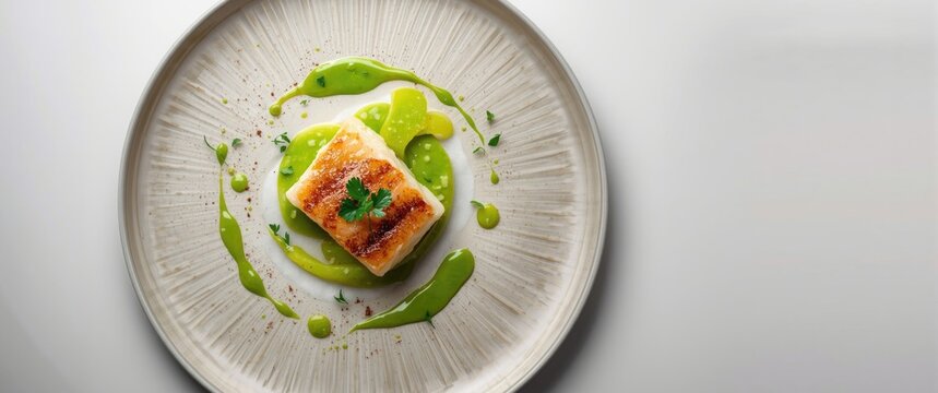 Top view of Pike perch fillet served with green bean edamame puree and sauce, close-up
