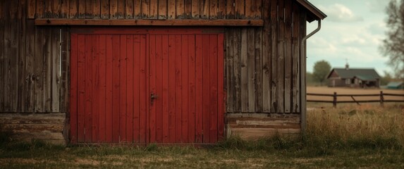 Front perspective of a red wooden barn door in horizontal orientation