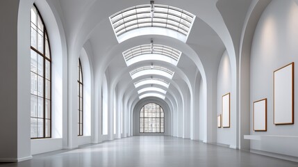 Fototapeta premium Contemporary minimalist art gallery hall with arched ceilings and large windows
