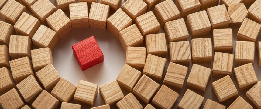 Isolated red wood block in a circular arrangement of wooden cubes, representing uniqueness and standout qualities