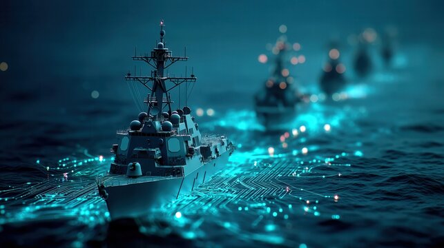 Future war concept.Futuristic warship digital ocean cyber warfare technology navy glowing circuit battleship night defense copy space