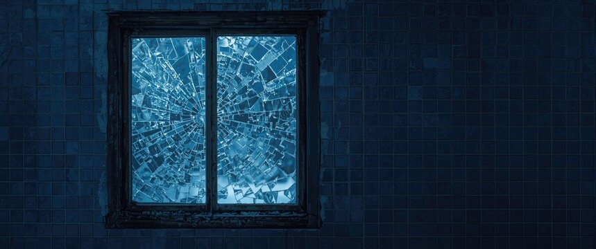 Scene showing shattered glass debris in an open wooden window frame against a blue tile wall background