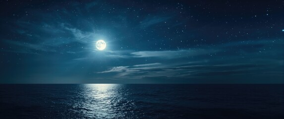 Calm background featuring a full moon, falling stars, and a reflective sea under a luminous horizon
