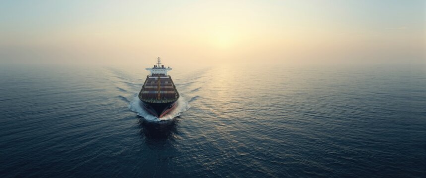 Open sea scene with a large modern general cargo crane ship (142 meters length). Maritime transportation, logistics, global communications, economy, industry