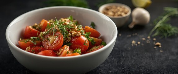 White bowl filled with tomato salad, garlic, dill, and nut dressing on dark background for Healthy Eating Day