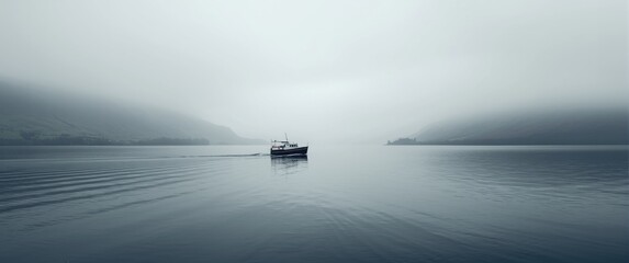 Single boat sailing through misty waters in the Highlands of Scotland