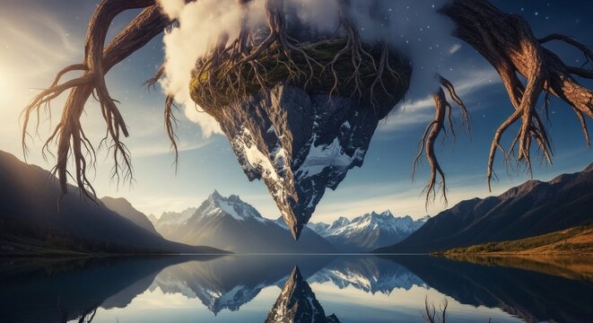 Majestic floating island with snow-capped mountains and roots suspended over serene lake at sunrise