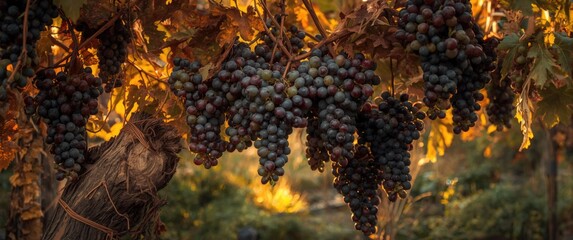 Obraz premium Autumn scene with bunches of purple and green wet hanging grapes