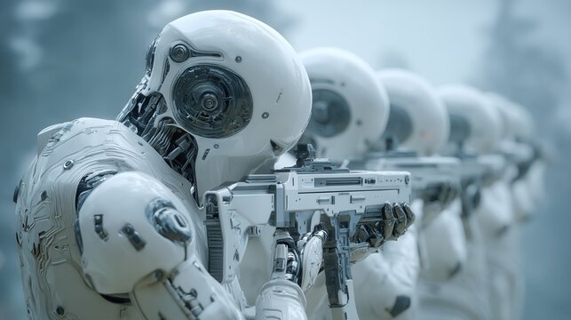 Future war concept.robot soldier white armor combat rifle science fiction artificial intelligence cybernetic combat battlefield future war robot soldier white armor with combat rifle battlefield