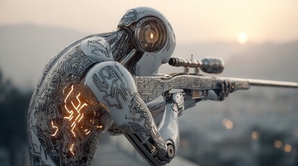 Future war concept.futuristic robot sniper cybernetic soldier advanced android metal rifle artificial intelligence warrior glowing circuitry future war emotion digital battlefield tension