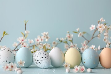 Pastel colored easter eggs with spring flowers and sugared almonds on light blue background creating a beautiful spring decoration