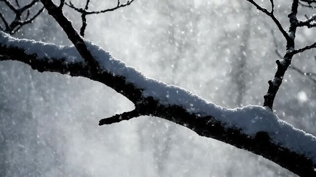 Snow falling on a tree branch, winter storm, close-up, backlit, atmospheric