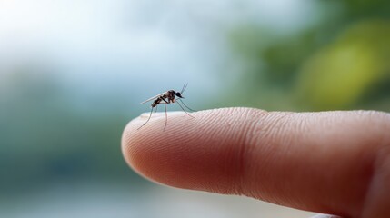 Mosquito crawling on a fingertip, emphasizing the dangers of mosquito borne diseases and underscoring the significance of preventive measures for health and safety