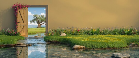 Obraz premium Open door revealing a natural landscape with flowers, water, trees, and grass during summer and spring seasons