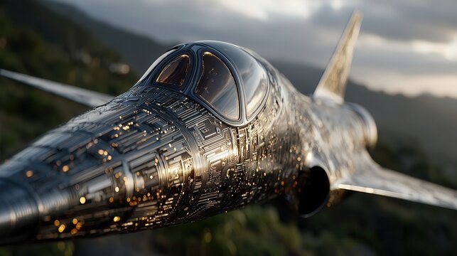 Future war concept.futuristic aircraft sci fi jet cyberpunk metal digital pattern glowing light combat plane stealth fighter sunset sky blurred background copy space Futuristic aircraft with sci