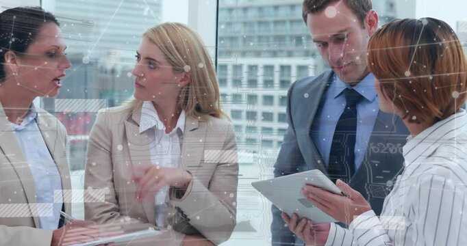 Woman holding tablet attracting coworkers, examining business data while note-taking for consensus