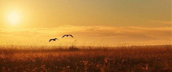 Obraz premium Silhouette of Birds in Flight on Meadow During Autumn Sunrise for Easter Religious Concept