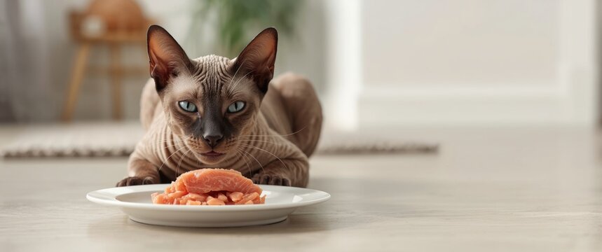 Close-up of a Devon Rex cat savoring high-quality wet tuna served on a white ceramic dish on the floor