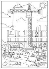 Tower crane coloring page features a tall machine and a building under construction © Inkartia