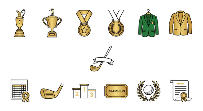 Golf championship gold award icon set with trophies, medals, and winner jackets.