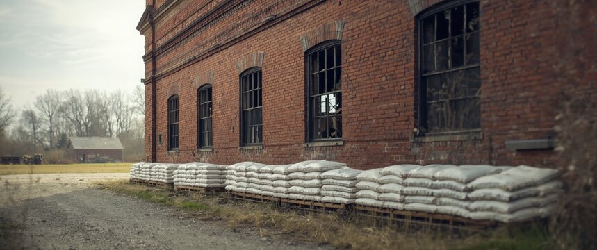 Old red brick warehouse at an abandoned military site, with broken windows and white sandbags on wooden pallets for flood protection