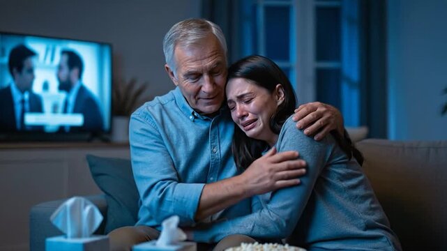 Senior man comforting crying woman while watching television at home.