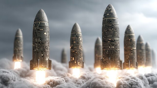 Future war concept.futuristic rocket warhead rocket launch cyberpunk missile technology artificial intelligence circuit design future war concept dramatic scene