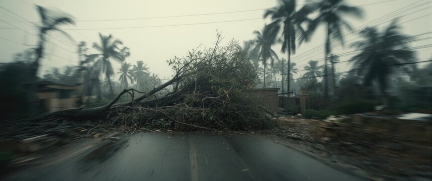 Out-of-focus photo of Kolkata, West Bengal, India - Aftermath of Super Cyclone Amphan showing fallen tree blocking road amid climate change devastation