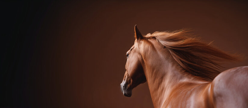 Chestnut horse with flowing mane in soft light background  