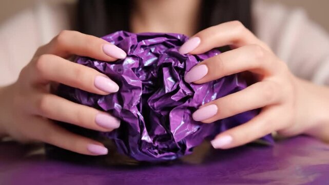 Woman crushing purple foil chocolate wrapper on table with hands