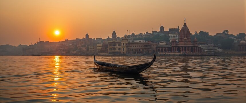 Sunset over Varanasi's ancient city architecture seen from a boat on the Ganges River