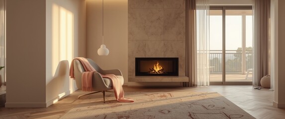 Naklejka premium Modern apartment living space with patterned carpet, grey armchair, and pink blanket close to the fireplace