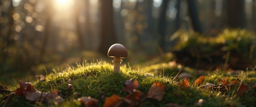 Standing porcini mushroom amidst forest and nature elements like leaves and green plants
