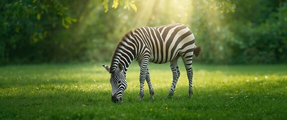 Fototapeta premium Outdoor scene of a zebra feeding on grass in nature