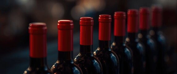 Obraz premium Red Wine Bottles Featuring Bright Red Caps