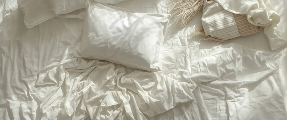 Naklejka premium Unmade bed with memory foam cushion and hypoallergenic pillow, wrinkled sheets, top perspective