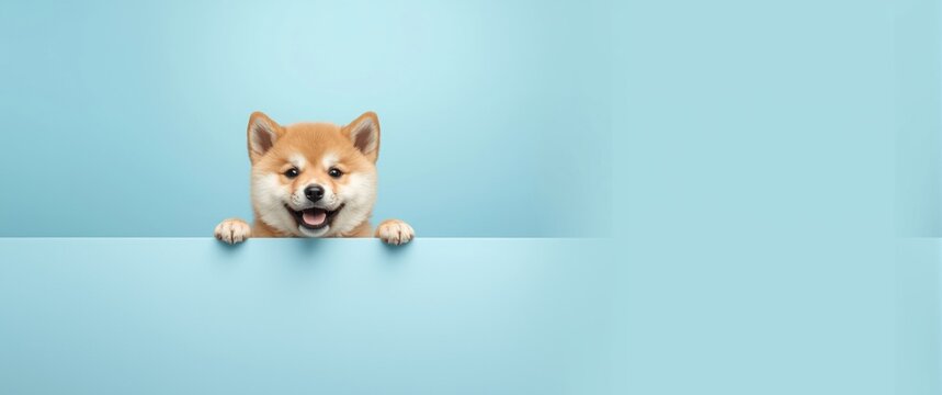 Adorable Shiba inu puppy hiding behind a blue banner, appearing happy and humorous