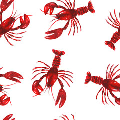 Red lobsters seamless pattern on a white background. Ideal for seafood-related designs, restaurant branding, kitchen decor, textile, or marine-themed artistic projects. Hand drawn watercolor