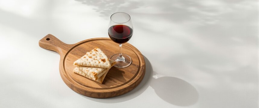 Jewish holiday scene with wine and matzoh on wooden surface for Passover