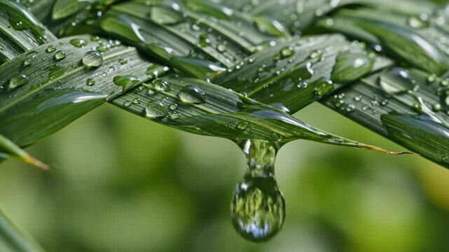 Refreshing macro slow motion shot of crystal clear water droplets rolling smoothly off the slick, freshly braided surface of a vibrant green palm banner dew drops, clean water, rolling smoothly off