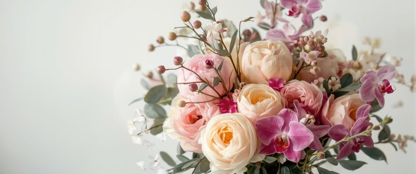 Spring floral arrangement with peony roses in beige and bright pink, brunia twigs, pink orchids, and eucalyptus leaves against a light backdrop