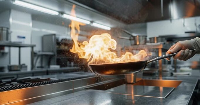 Chef cooking with flames in professional kitchen
