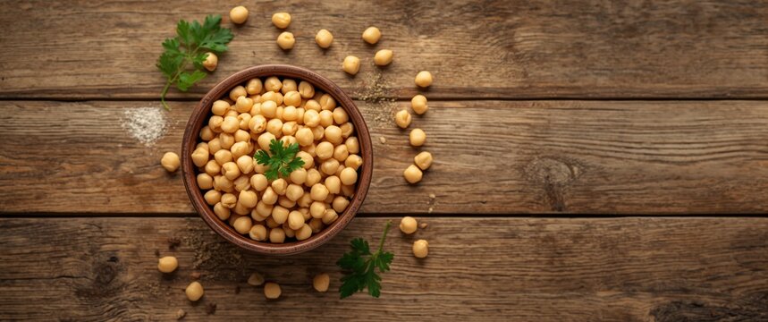 Bowl of cooked chickpeas (Cicer arietinum) on wooden background
