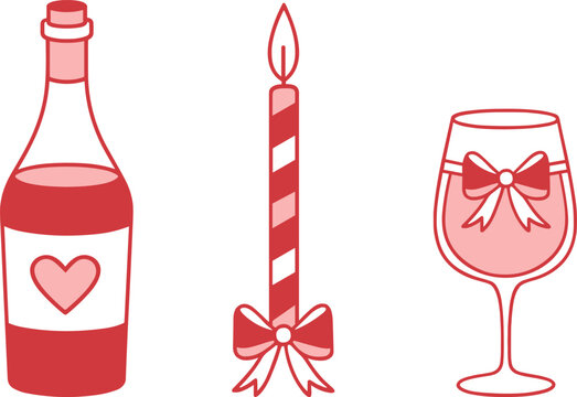 Wine bottle glass and candle with bow valentines day galentines party bachelorette coquette outline drawing. Red pink girly heart aesthetic candlelight girl dinner cute doodle sticker bundle pack.