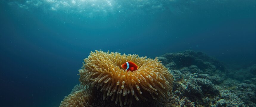 Amphiprion bicintus hiding inside dark yellow anemone coral in the Red Sea